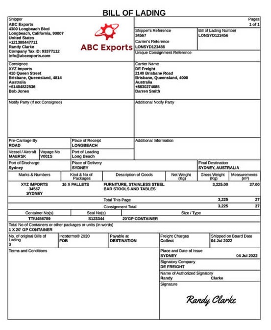 Bill of Lading to include security seal number